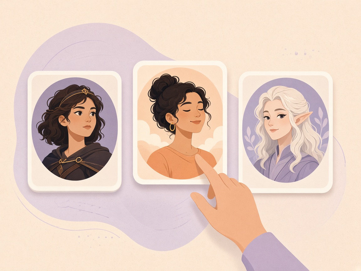 A hand choosing from three illustrated character portraits